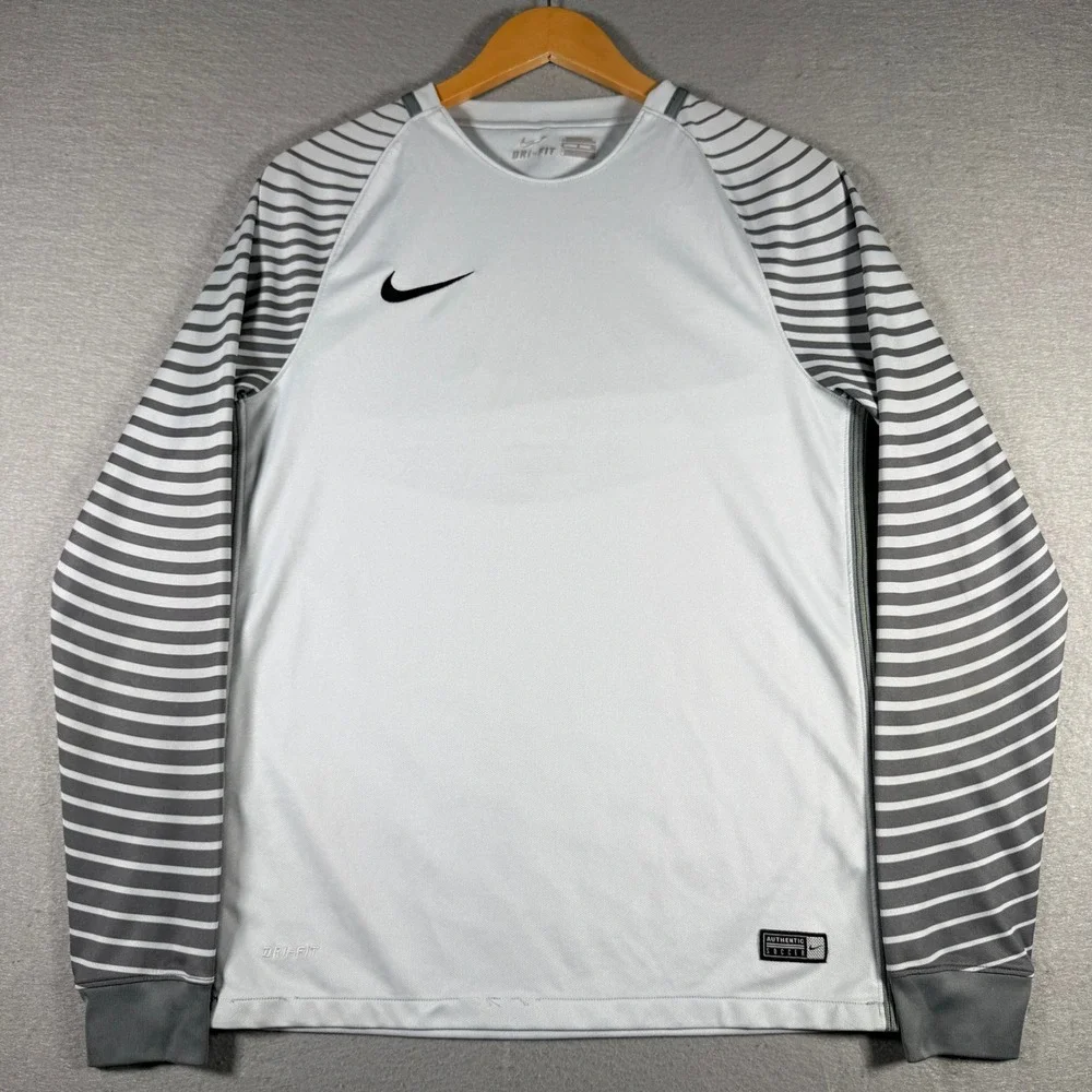 Nike Mens Dri-FIT Soccer Training Jersey Gray Striped Long Sleeve 725882-043 S